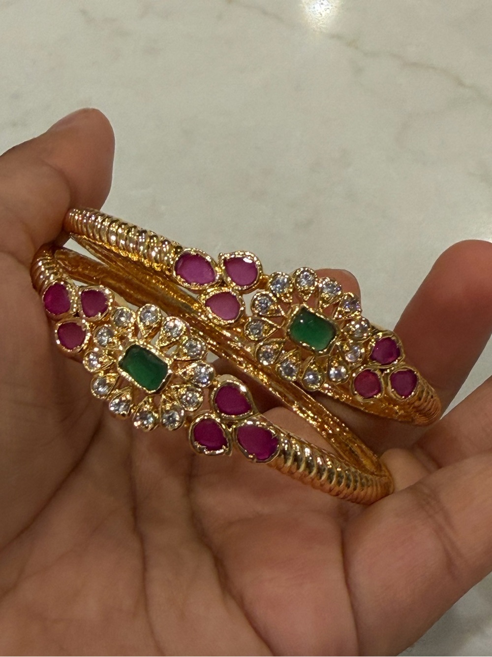 Set of 2 Gold Bangles | Kundan Ruby Emerald Indian Pakistani Bridal Bangles